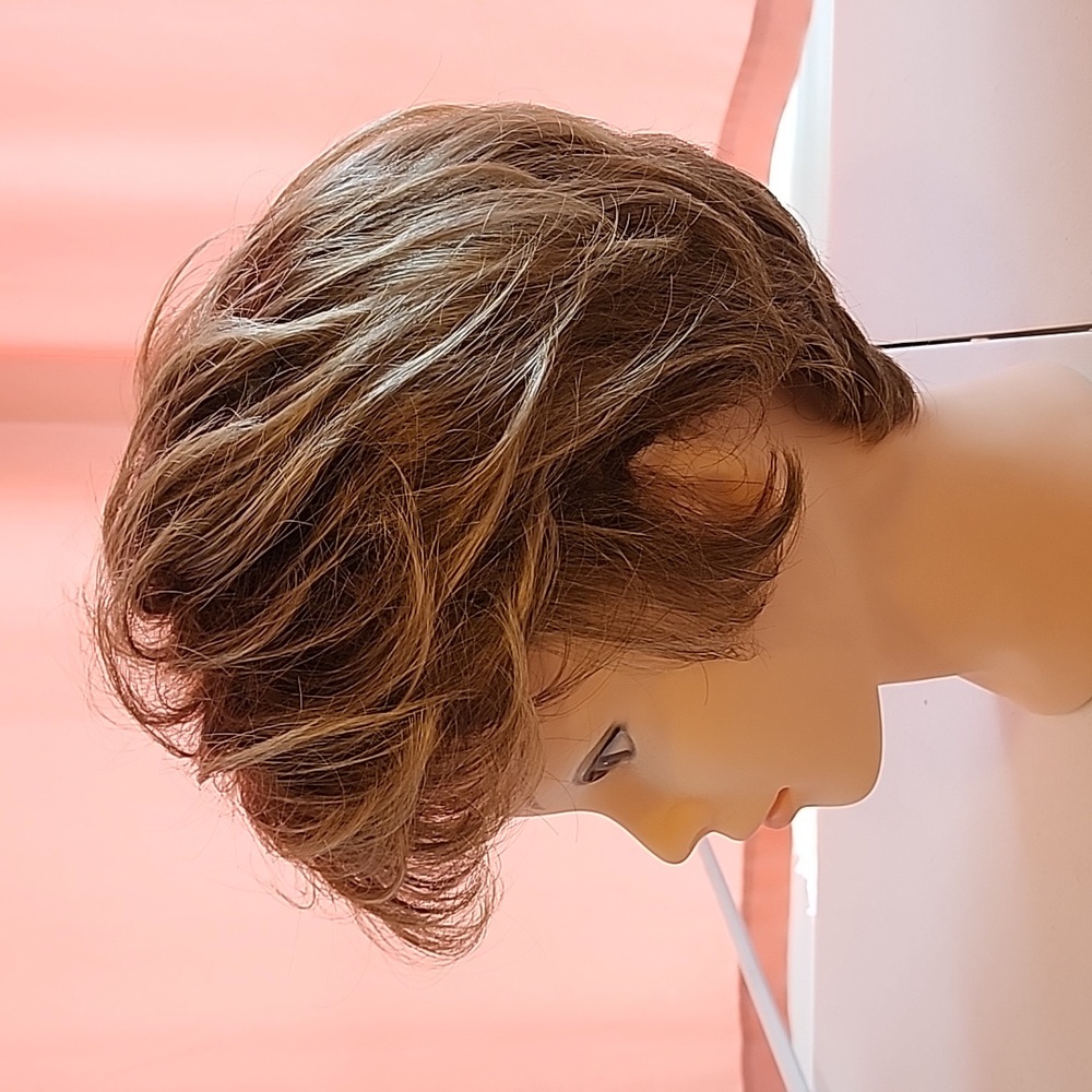 Grayish blonde wig with darker roots short layered with bangs